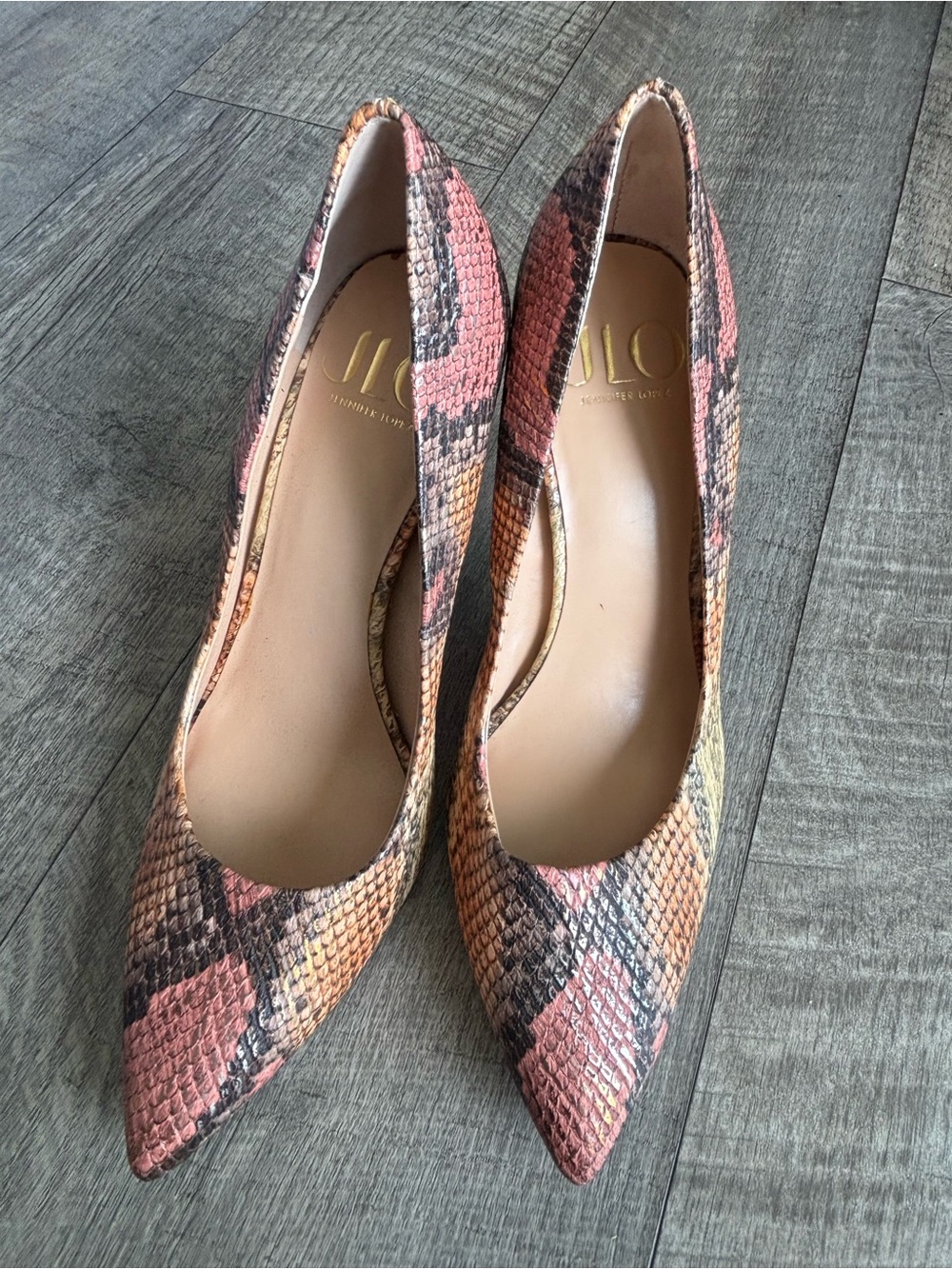 Jennifer Lopez Pink & Brown Snakeskin Pointed Pumps